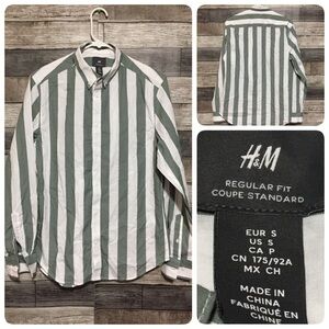 H&M Regular Fit Striped Button Up Shirt Men’s S Green White Long Sleeve